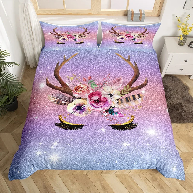 Kawaii Eyelash Duvet Cover King Boho Feather Elk Horn Bedding Set Polyester Glitter Gradient Sparkly Star Starry Sky Quilt Cover