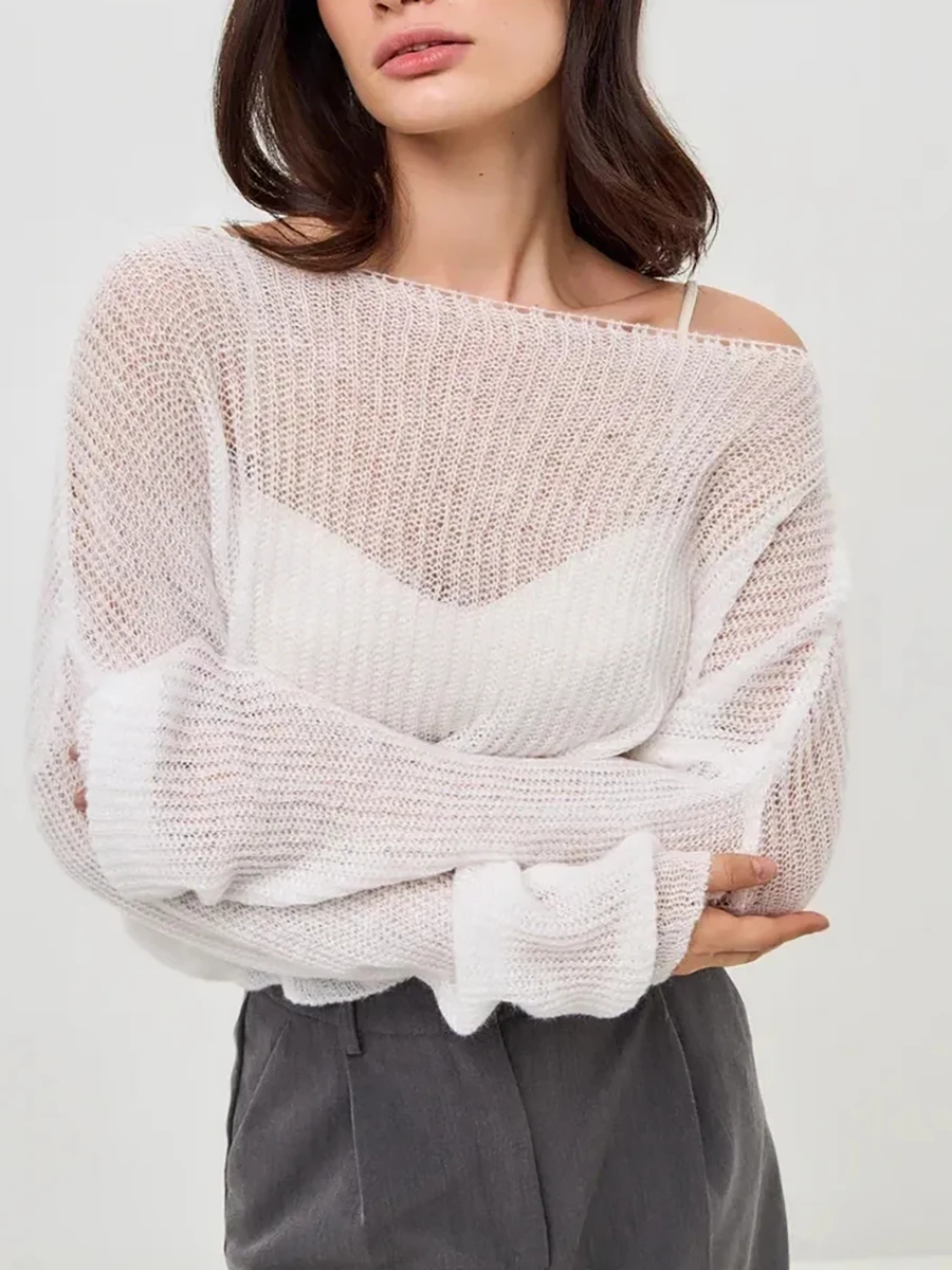 Women's Oversized Knitted Sweater Female Loose-fitting Semi-transparent Sexy Knitted Sweater