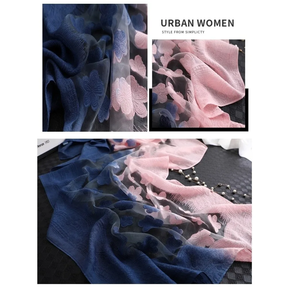 

Elegant Gradient Color Cut Flowers Scarf Thin Long Sunscreen Scarf Lace Soft Beach Shawl Wrap