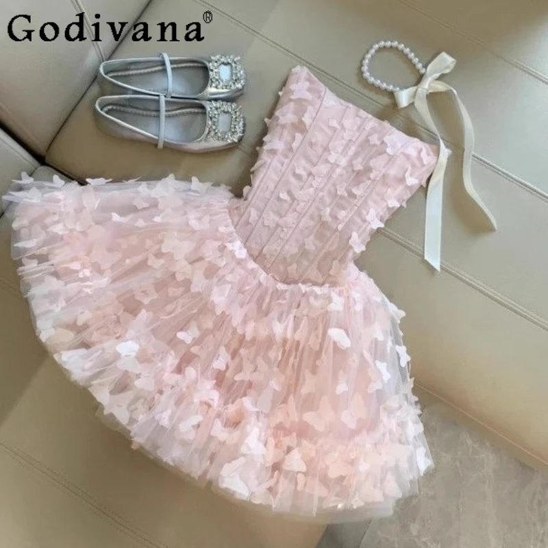 

Sweet Bowknot Strapless Lolita Dress for Women Waist Slimming Summer Pink Mini Dress Female Birthday Party Short Cute Dress