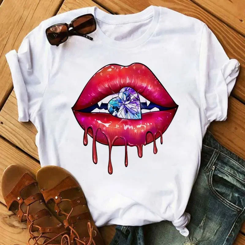 T-Shirt mit Lippenmuster, lässiges Kurzarm-Oberteil mit Rundhalsausschnitt für Frühling und Sommer, Damen-T-Shirt in Übergröße