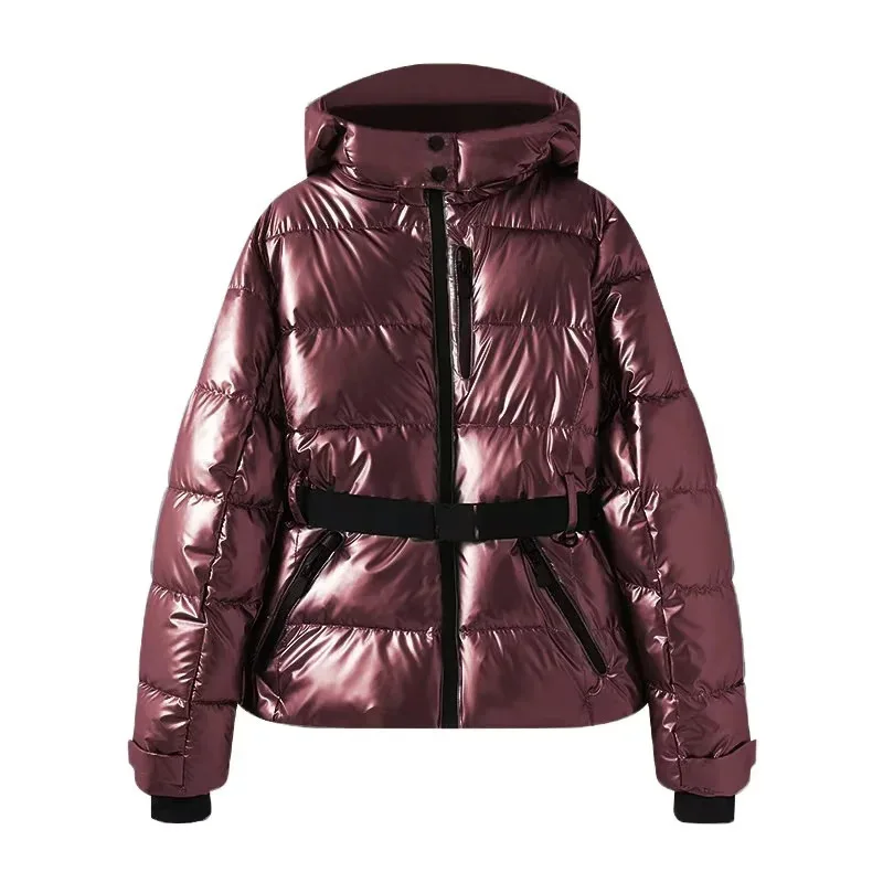 Damen Warme Skijacke mit Gürtel, Langarm, Baumwolle, Kapuze, Daunenjacke mit Taillengürtel, Verschiedene Farben U8KT