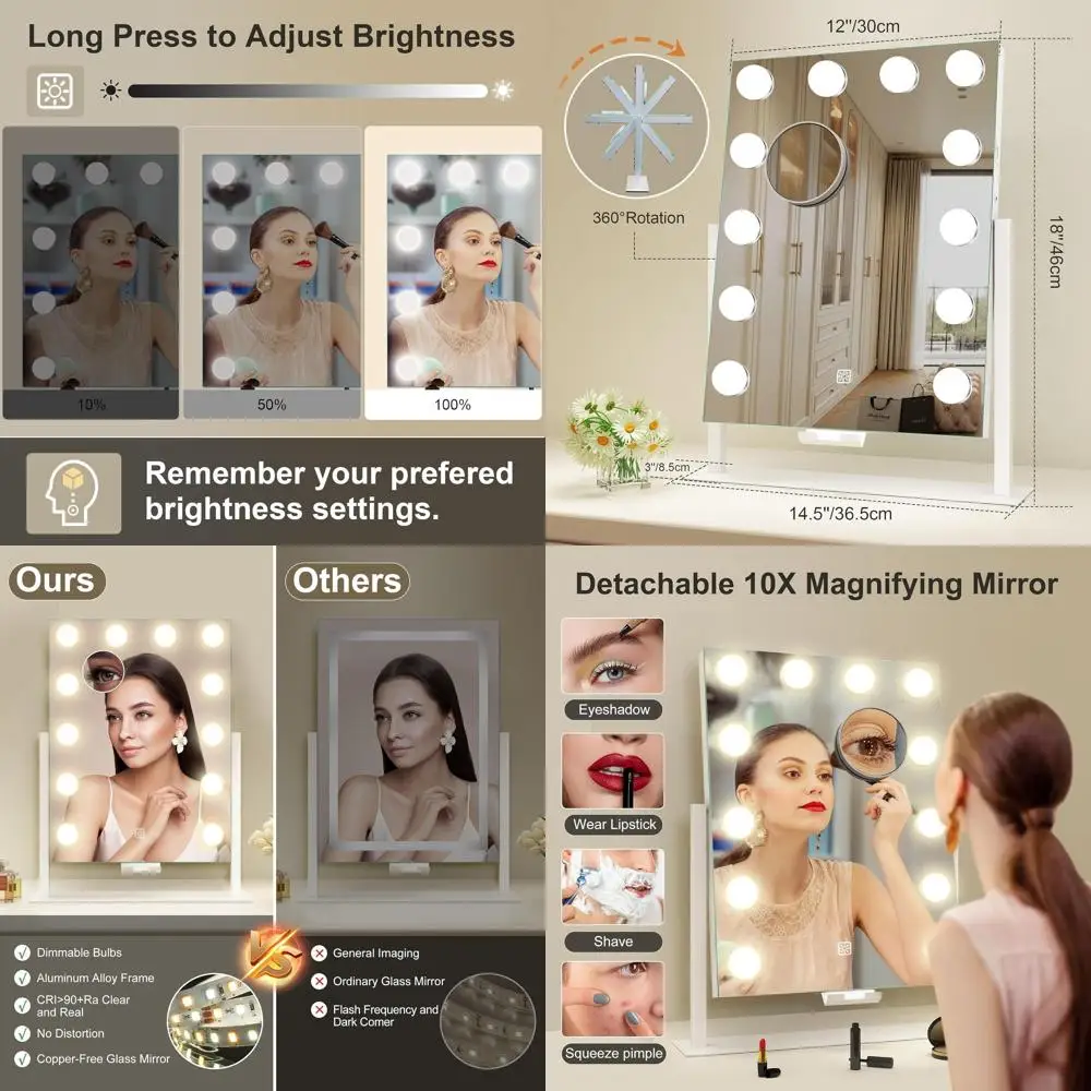 

12 косметических зеркал со светодиодной подсветкой и сенсорным управлением, 10-кратная увеличение, перезаряжаемая от USB, зеркало для макияжа 16x12