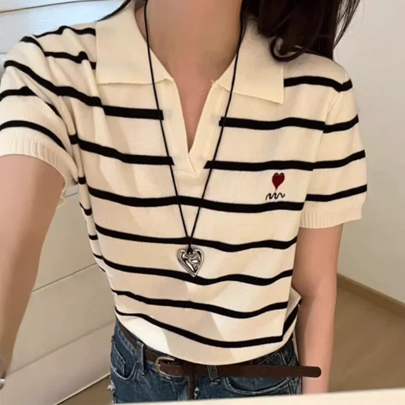 

Вязаная рубашка поло с короткими рукавами, женский полосатый укороченный свитер, топы, пуловер, лето-весна, повседневная одежда для девочек-подростков