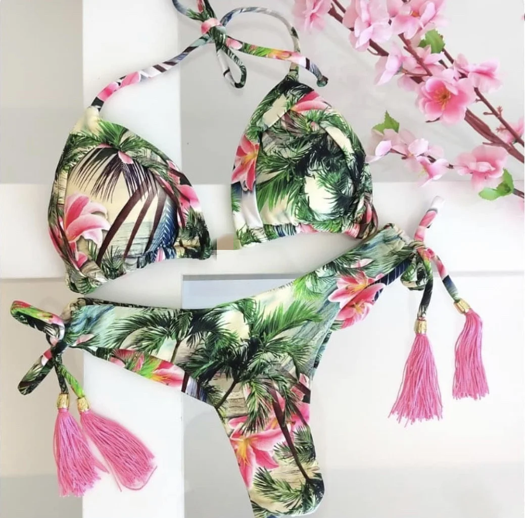 New Printed Split Bikini Swimsuit Bandage Micro Bikini Mini Halter Bathing Suit Brazilian Swimsuit Thong Bikini Push Up Biquini