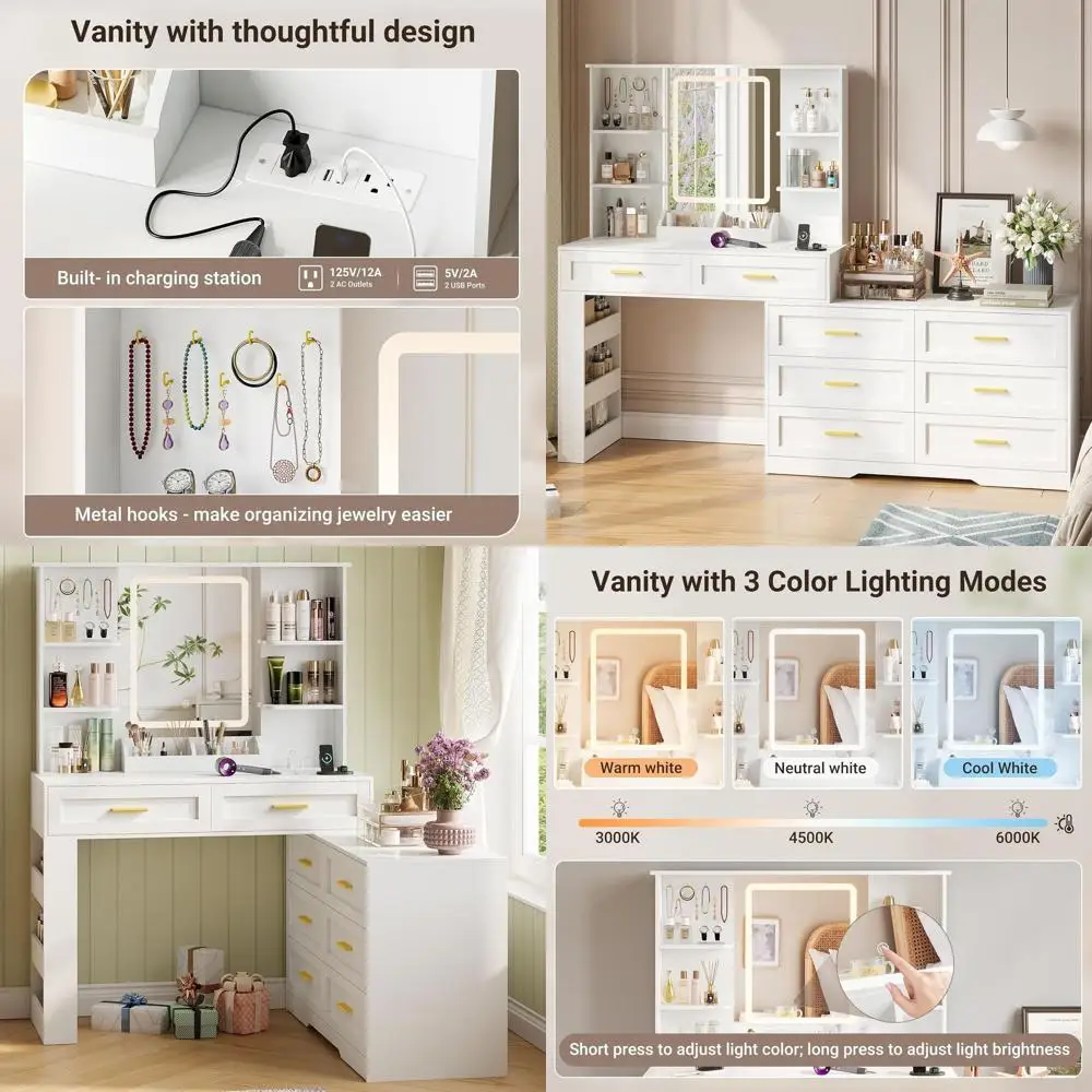 Lighted Makeup Vanity Table with Power Outlet, Storage Shelves, Drawer, and Leg Storage, White