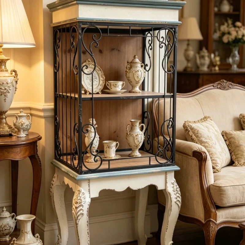 Retro old solid wood wrought iron carved two-layer shelf display cabinet bird cage side cabinet