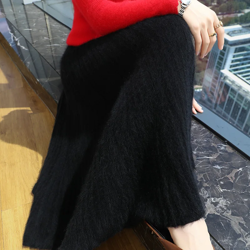 

FRSEUCAG осенне-зимняя женская теплая полуюбка из 100% норкового кашемира, плиссированная юбка, толстая длинная юбка, мягкая и свободная модная