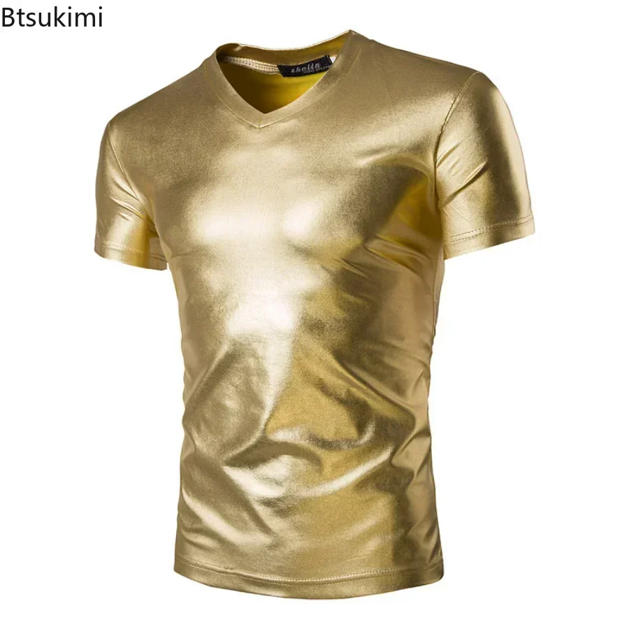 

2025 Men's Nightclub Wear Tshirt Sexy Disco Party Stage Prom Tshirts for Men V Neck Tee Shirt Homme Party Performance Costumes