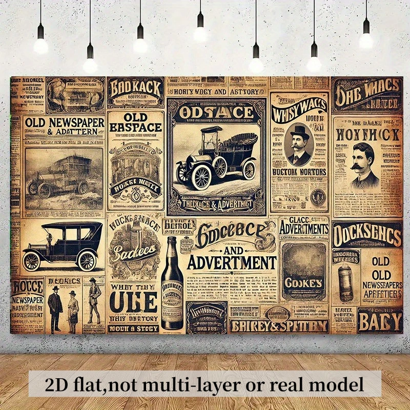 Banner de poliéster plano 2D de 1 pieza de periódico retro y fondo publicitario - estilo retro de los años 20 a 1950, decoración de la habitación
