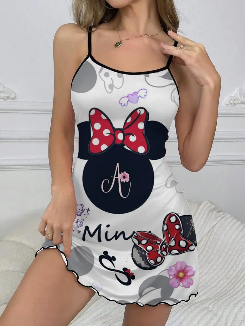 

Elegant Dresses for Women Disney Slip Dress Crew Neck Lettuce Trim Minnie Mouse Fashion Summer Dresses 2024 Chic Mini Sexy Trim