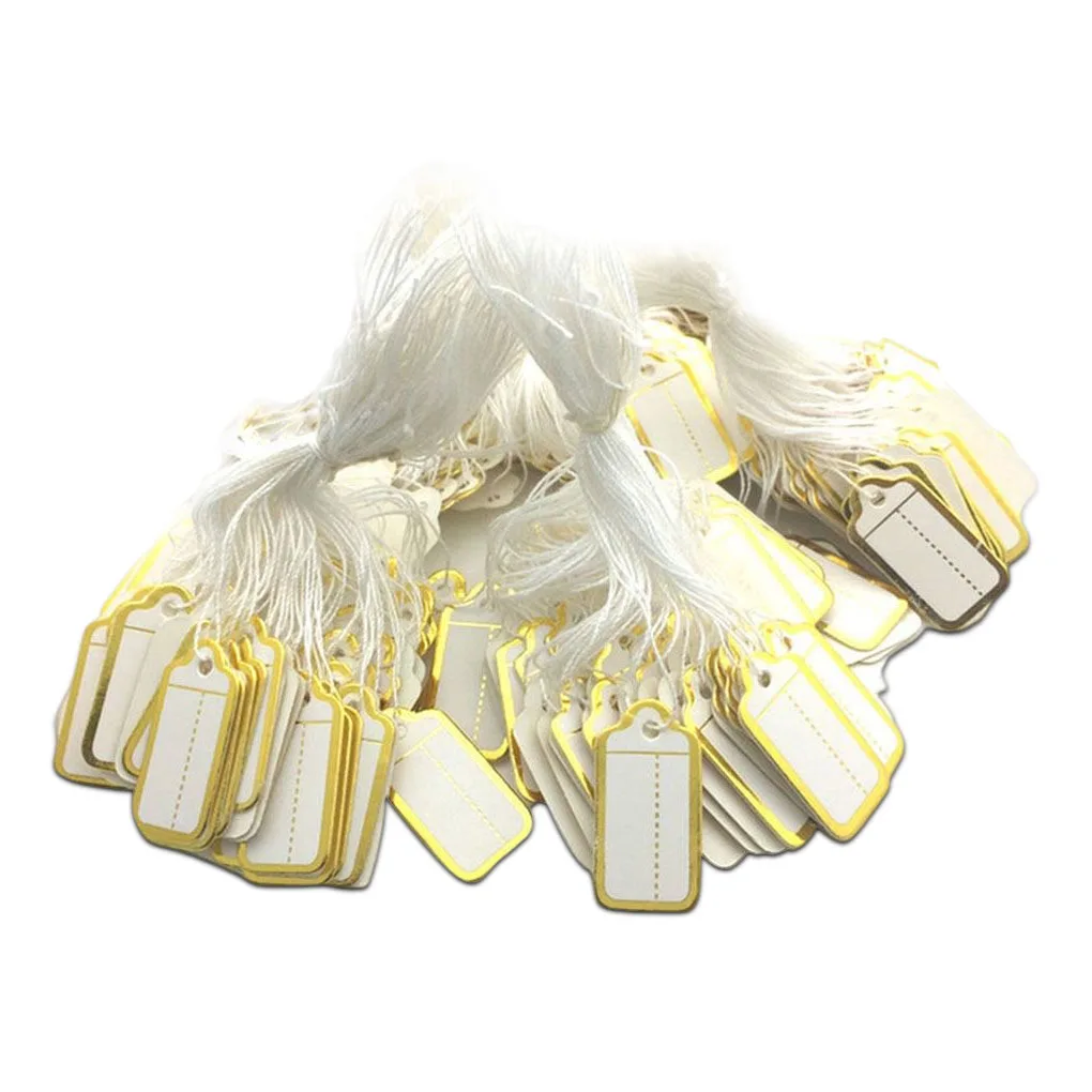 

500 шт., ценники для ювелирных изделий, золотые, серебряные, белые, тканевые товары, ценник, ценник для ювелирных изделий с подвесной веревкой