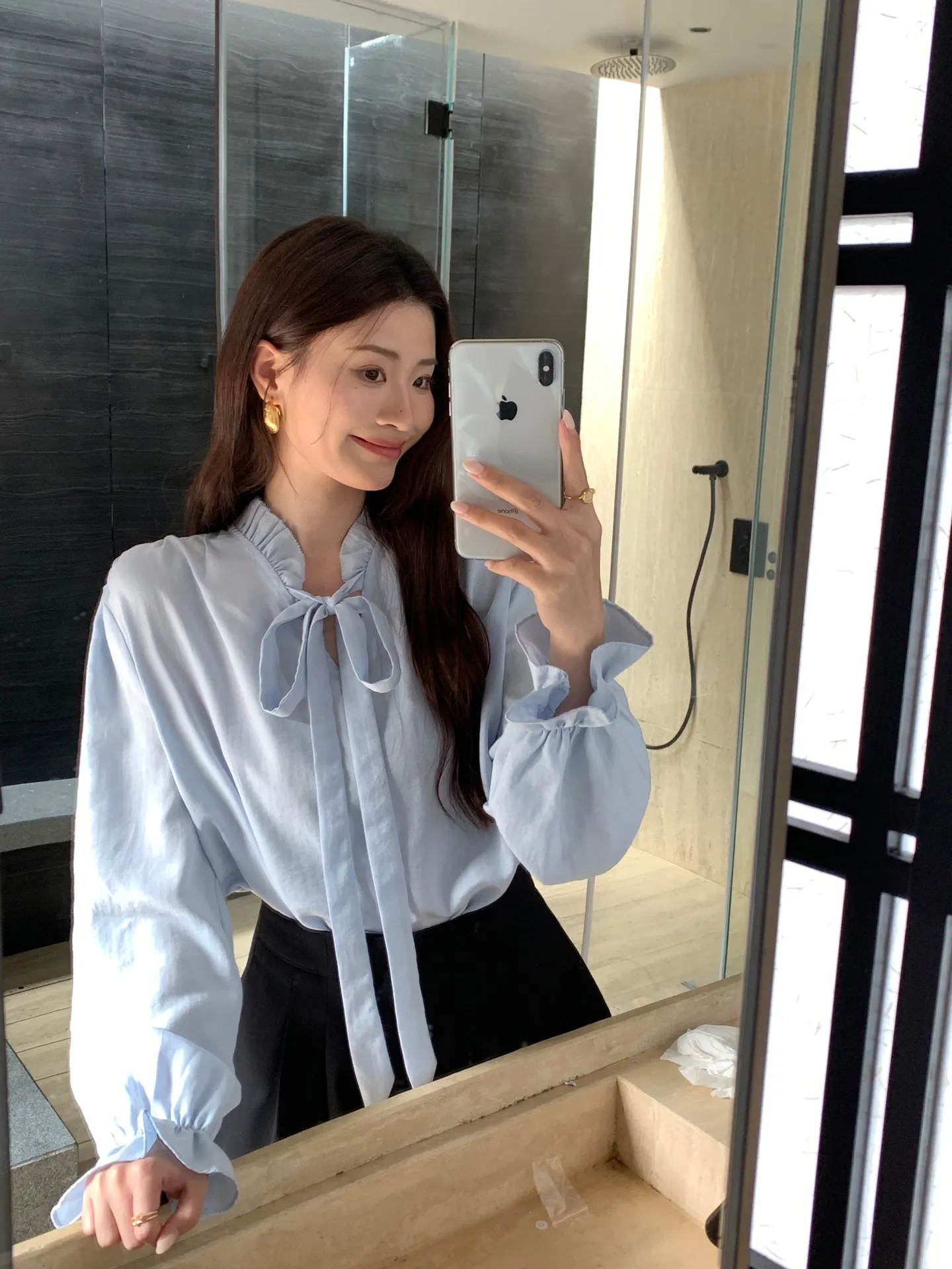 【WENRAN】Women's Light Blue Shirt Ruffle Trim Tie Neck Loose Stylish Blouse Summer Daily Wear view 3