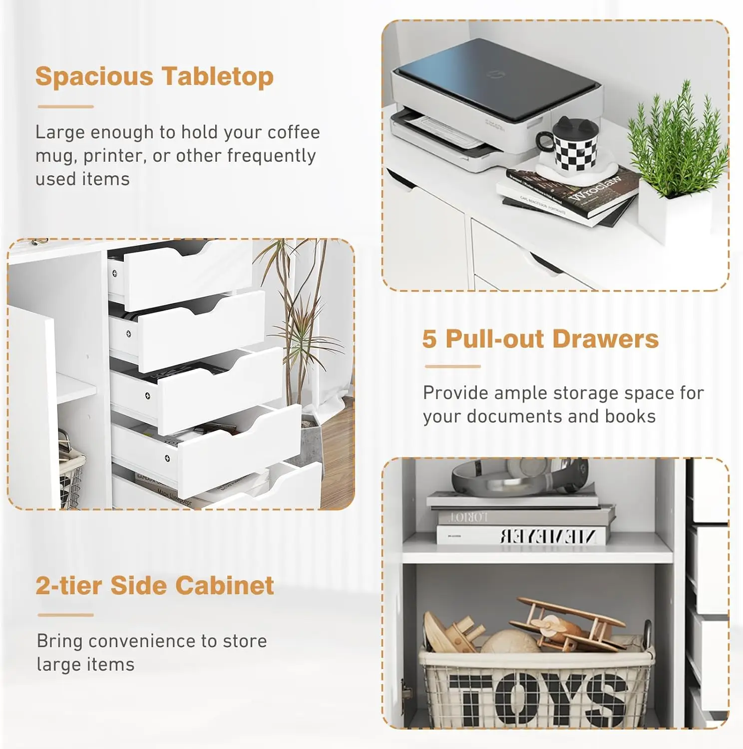 File Cabinet, White Filing Cabinet w/Universal Wheels, Wood Printer Stand w/Storage, Rolling File Cabinets (5 Drawers)