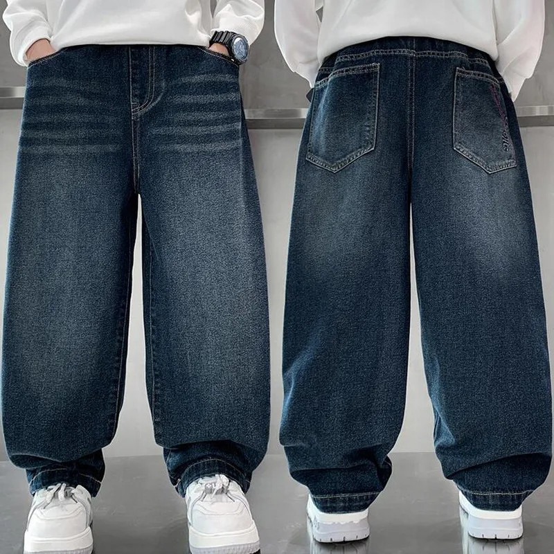 النمط الكلاسيكي الأطفال بلون الجينز للمراهقين الأولاد خمر الجينز الأزرق الداكن السراويل الاطفال المراهقين الرجعية الفاخرة الدنيم السراويل #4
