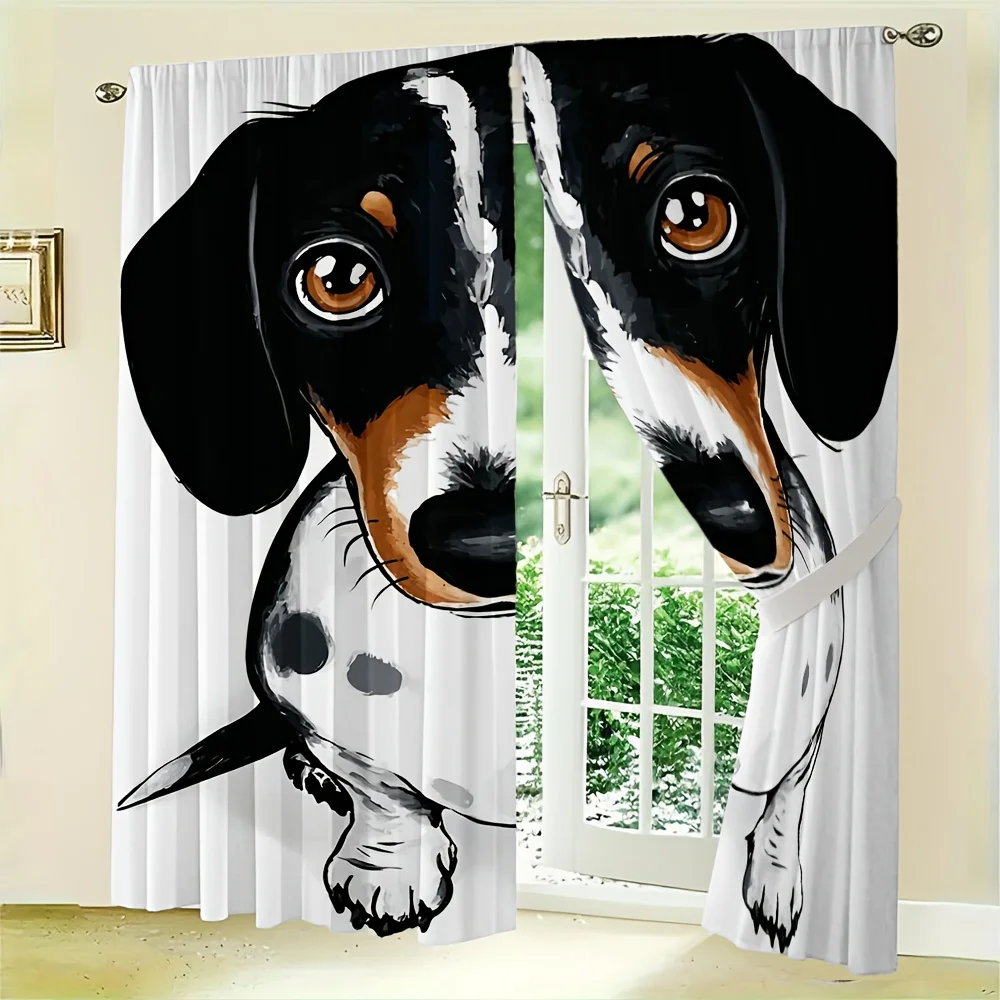 2pcs Dachshund Illustration Curtains No Rod — White Background with Adorable Black & Tan Sausage Dog, Sheer Polyester for Living
