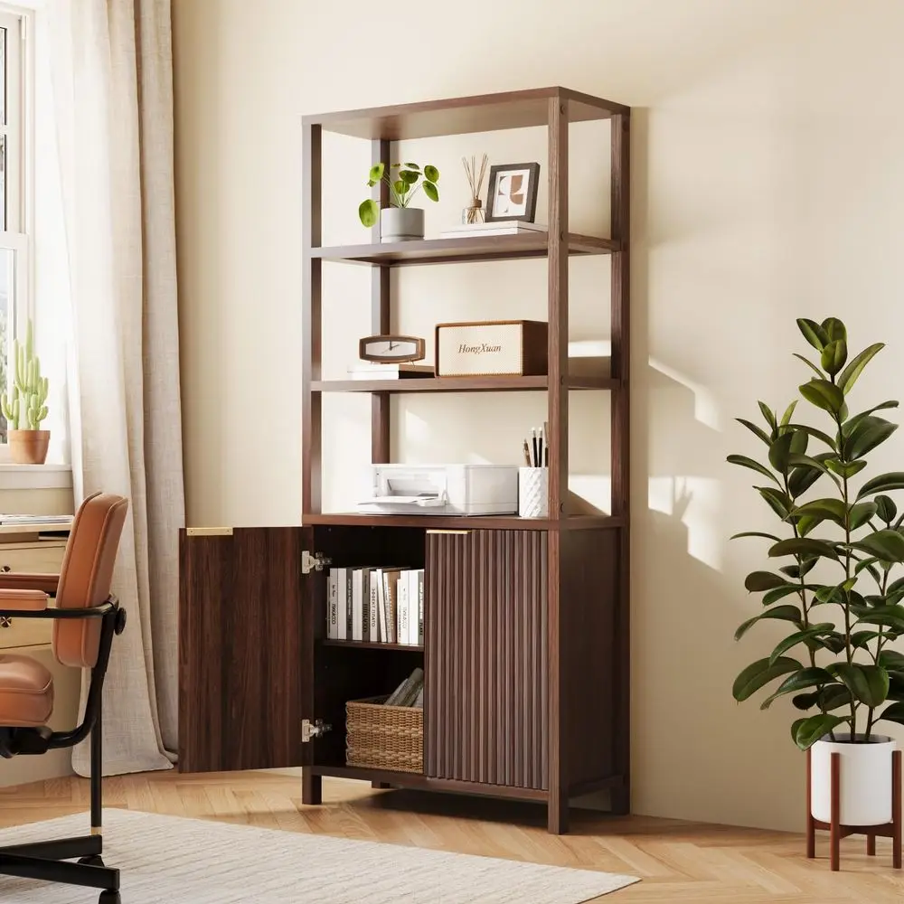 

Bookcase with Fluted Doors, 71 Wood Storage Cabinet with Adjustable Shelves, 6Tier Display Cabinet Bookshelf for Study, Living