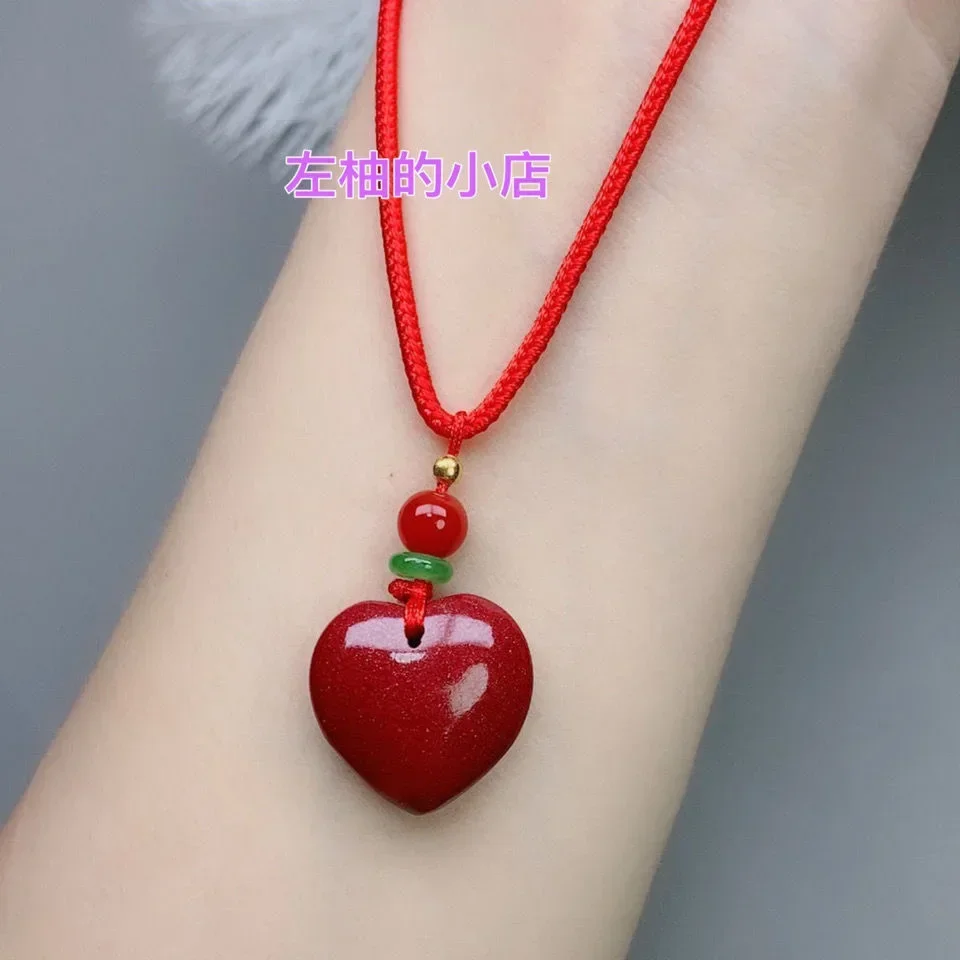 Customized Cinnabar Jade Love Pendant Necklace Bracelet Jewellery Chinese Hand-Carved Healing Women Man Luck Gift Sweater Chain