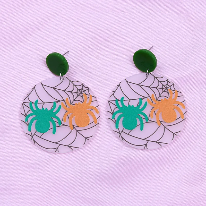 Halloween Round Spider web Printed Earrings Fashion Personalized Colored Acrylic Printed Wafer Halloween Earrings For Women