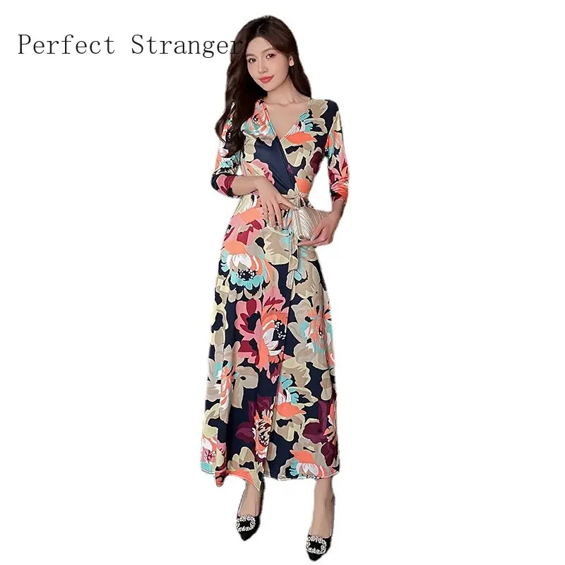 Vestido largo de estilo folclórico tailandés para mujer, prenda con cuello en V, manga de tres cuartos, Floral, cintura colectora, novedad de verano 2024