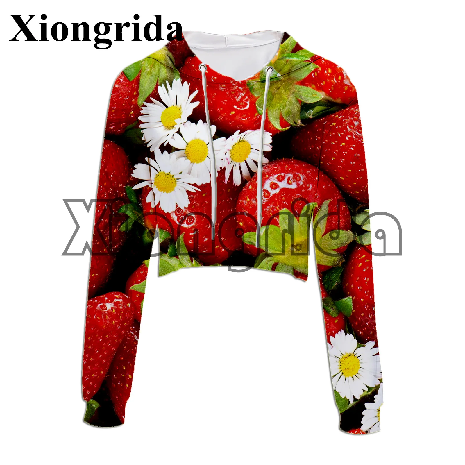 Novelty Fruit Print Crop Top Hoodie Women Casual Long Sleeve Hooded Short Sweatshirt Sexy Crop Sweaters Y2K Hooded Pullover Top