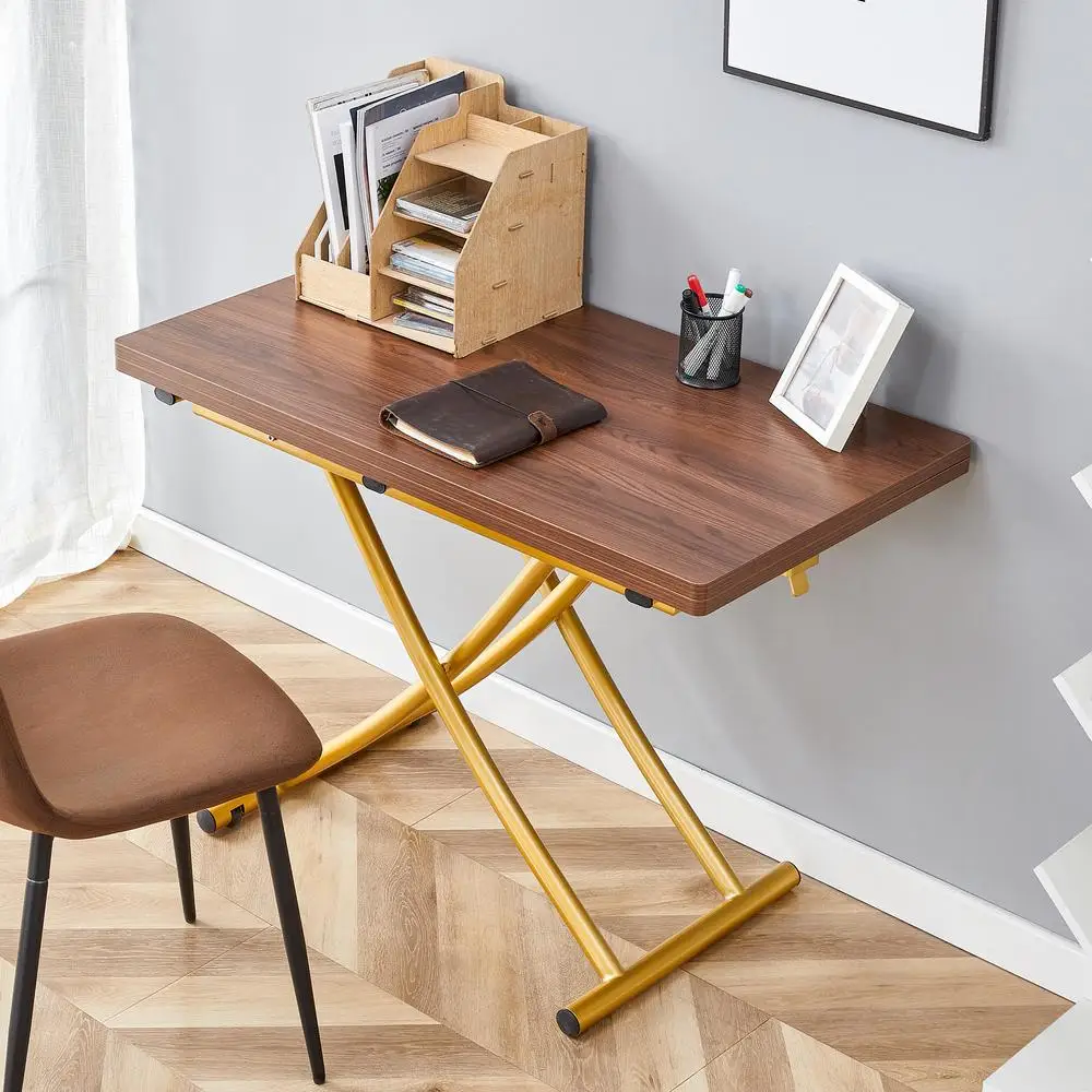 โต๊ะกาแฟแบบยกได้ทันสมัย ลายไม้วอลนัท หน้าโต๊ะ MDF ขาโลหะสีทอง ปรับความสูงได้ โต๊ะอเนกประสงค์