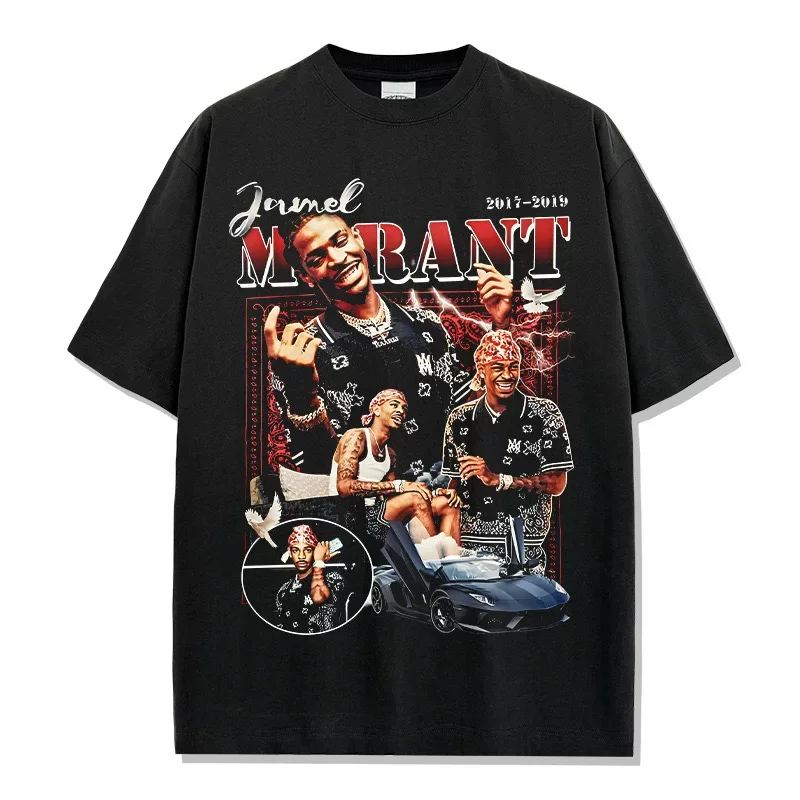 

Футболка оверсайз с принтом в стиле колье-коллажа Ja Morant, с круглым вырезом, из состаренного хлопка, для баскетбола, повседневная, для улицы, с графическим принтом