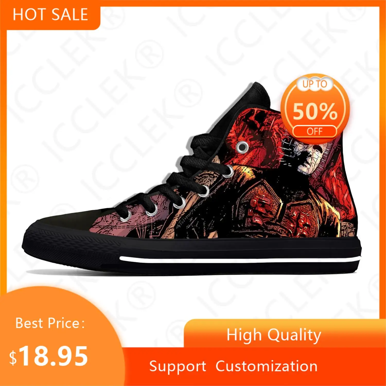 Hot Hellraiser Movie Pinhead Horror Scary Breathable High Top Lightweight Mens Womens Teenager Sneakers Halloween Board Shoes