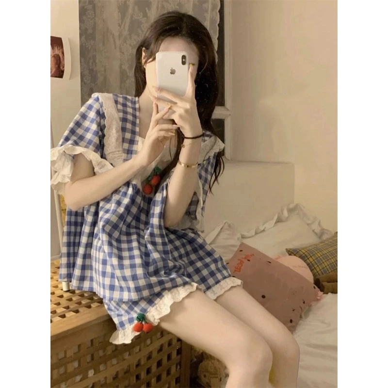 Y2K Harajuku Style Sweet Cherry Plaid Pajamas Women's Summer Streetwear Lace Design Loungewear Two-piece Set Women Pajamas New view 5