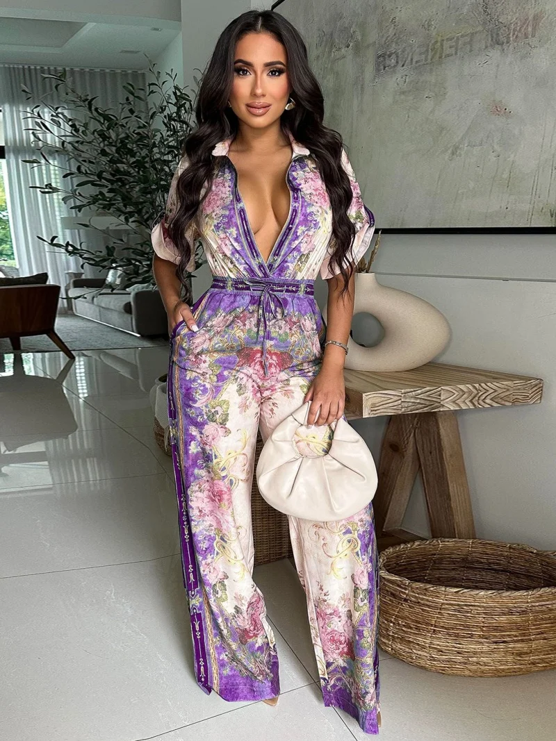 จั๊มพ์สูทสไตล์เสื้อผ้าสตรีทแวร์ลายดอกไม้พิมพ์ลาย ชุดฤดูร้อน เสื้อผ้าผู้หญิงแขนสั้น ชุดรอมเปอร์ ชุดเพลย์สูท ชุดจั๊มพ์สูทแบบชิ้นเดียว