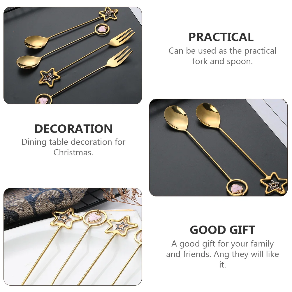

1Set Christmas Spoon Fork Stainless Steel Star Heart Pendant Xmas Dinnerware Party Tableware Food Serving Tools