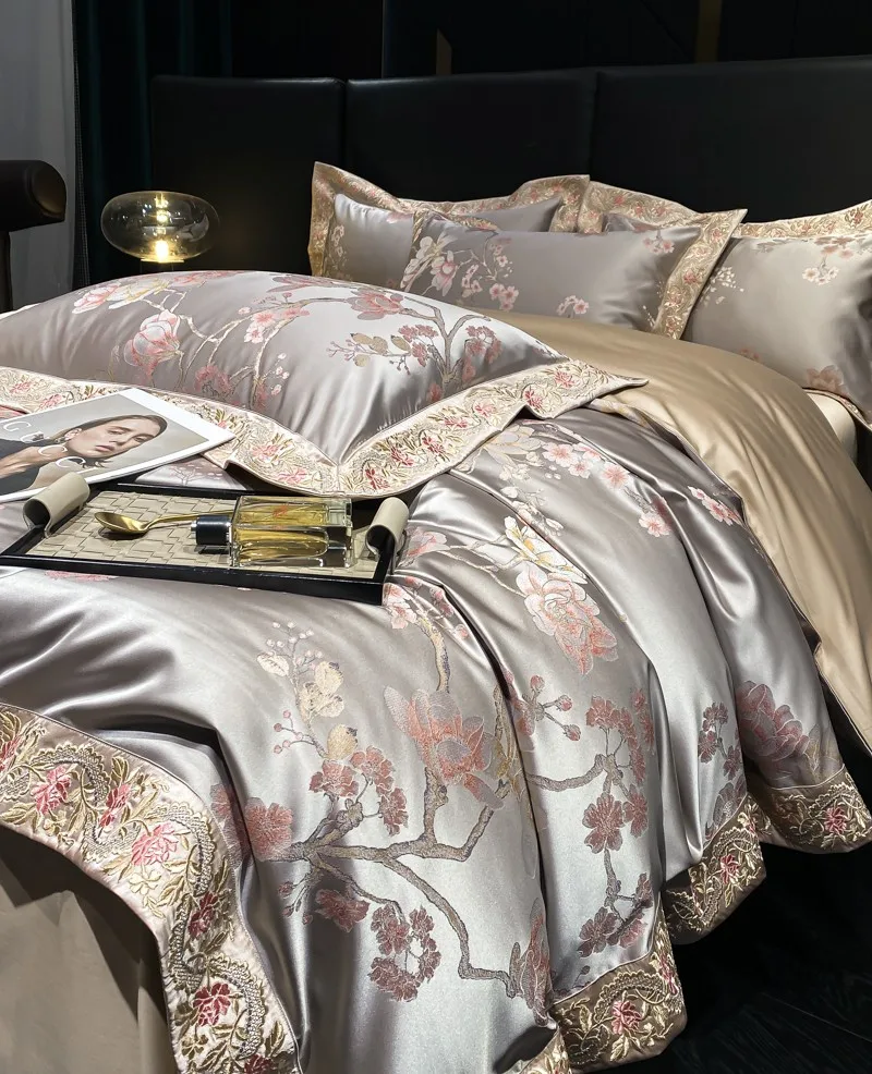Double Queen King size Embroidery Cotton Sateen Luxury Neoclassical Jacquard Flowers Duvet Cover Flat/Fitted Sheet 2 Pillowcases