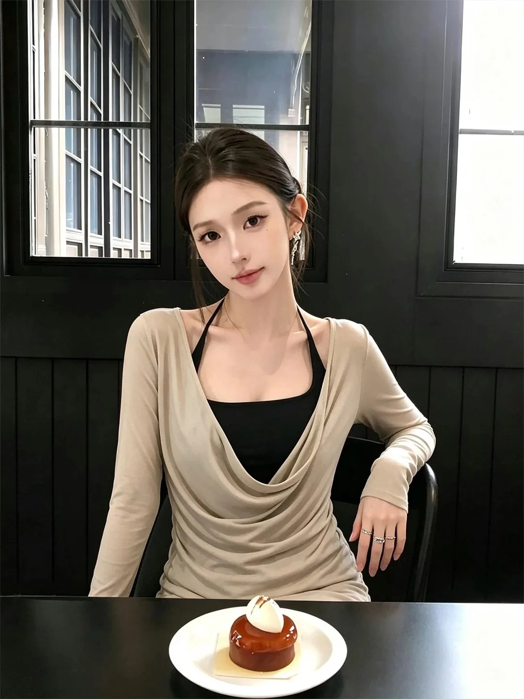 Kaki Color Long Sleeve T-Shirt Set Women's Inner Wear Neck Hanging Strap Autumn Layering Top Commute Style Slim Fit Casual