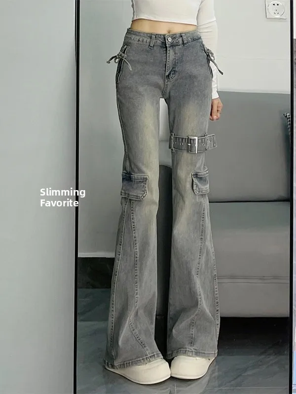 American High Street Heavy Duty Micro Flare Jeans Women's Spring New Design Splicing Slimming  Hoof Pants