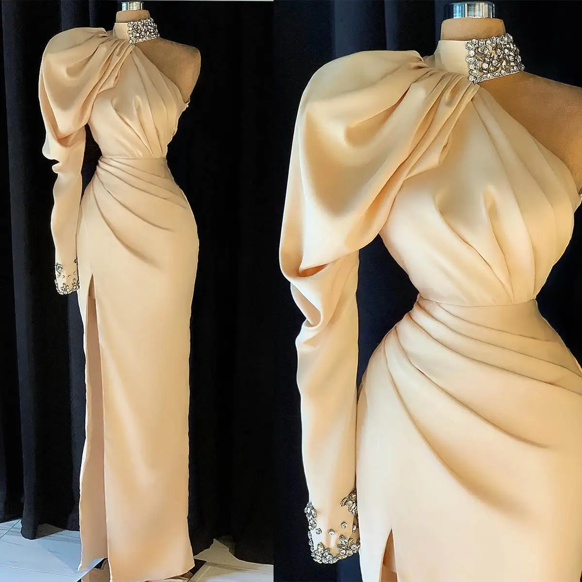 

Gold Sheath Gown Prom Dresses Crystals Pleat Satin Side Split Celebrity Party Evening Design Dresses Plus Size Custom Size Color