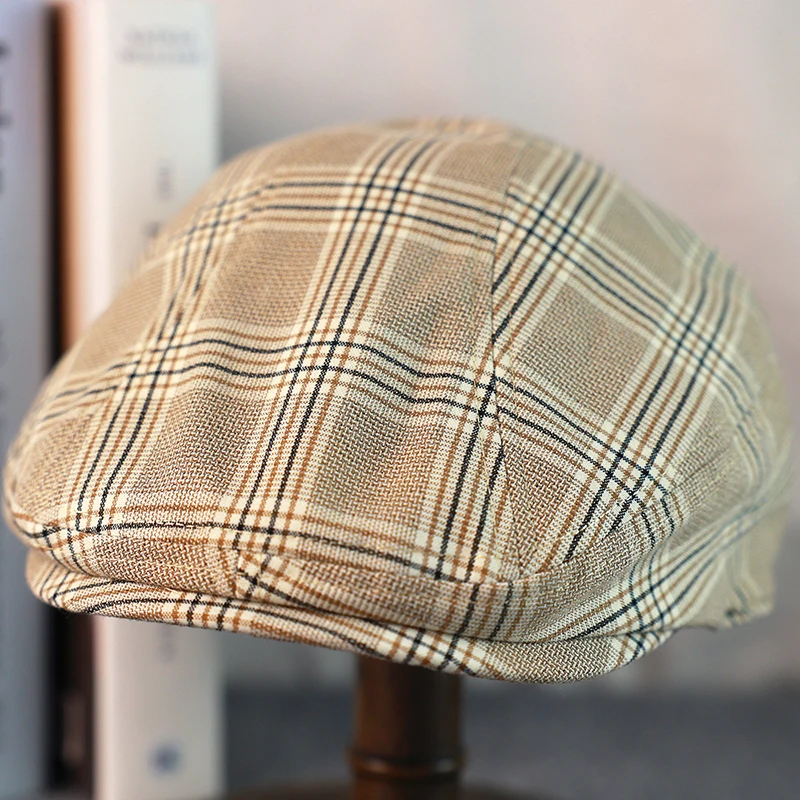 Spring Summer Linen Newsboy Cap New Beige Plaid Breathable Beret Men\'s Women\'s Literary Retro Hat England Hats Male Hats A-36