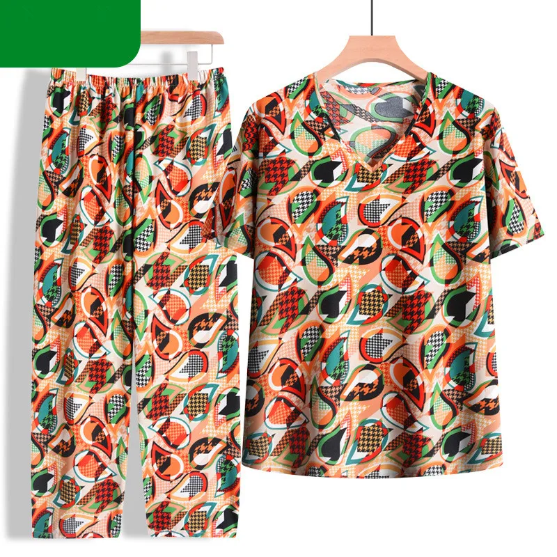 Women Pajama Set Vintage Printing Cotton Sleepwear Pyjamas Female Short Sleeve Trousers Sets Middle Aged Mother Home Suit 4XL