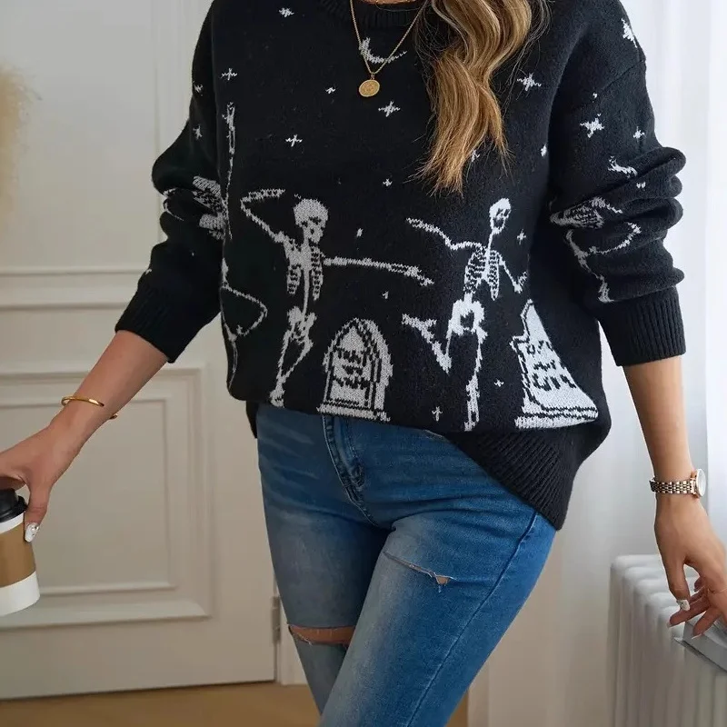 

2025 New Arrival Cross-Border Women's Knitted Sweater loween Skull Pattern Bla Skeleton Head Embroidery Faionable Ladi...