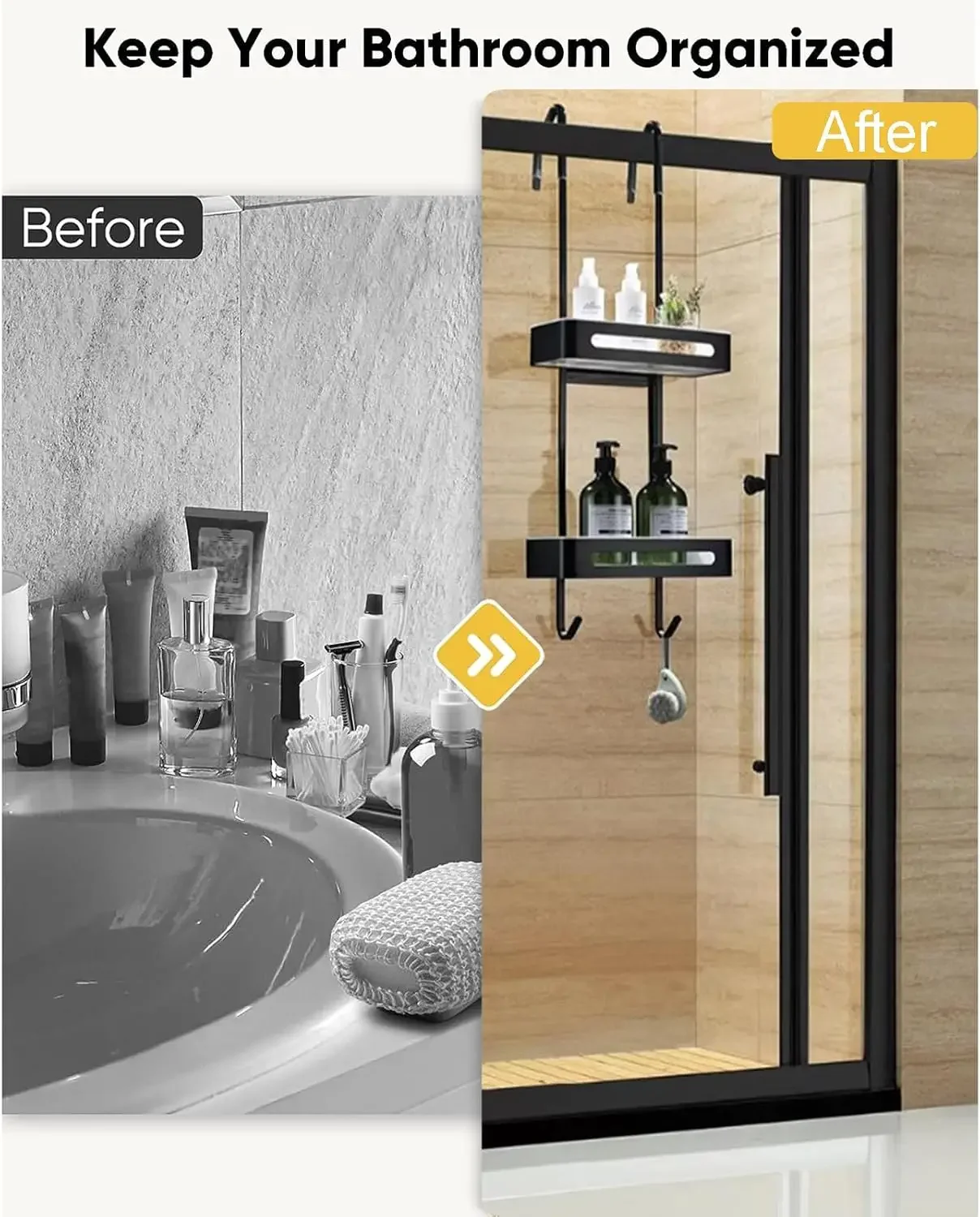Over-the-Door Hanging Shower Caddy, No Drill Adhesive Organizer with Hooks, Rustproof 304 Stainless Steel Shelves for Bathroom &