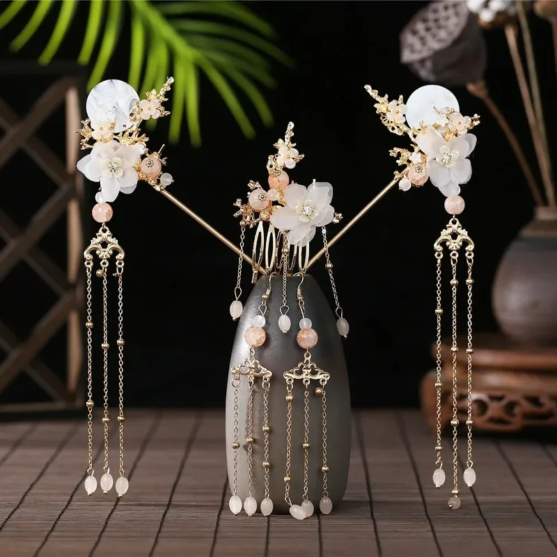 Chinese Styles Ancient Hanfu Kanzashi Pearl Tassle Hair Stick Hairpin Tumb Comb Headwear accessories Clip Handwork Headdress