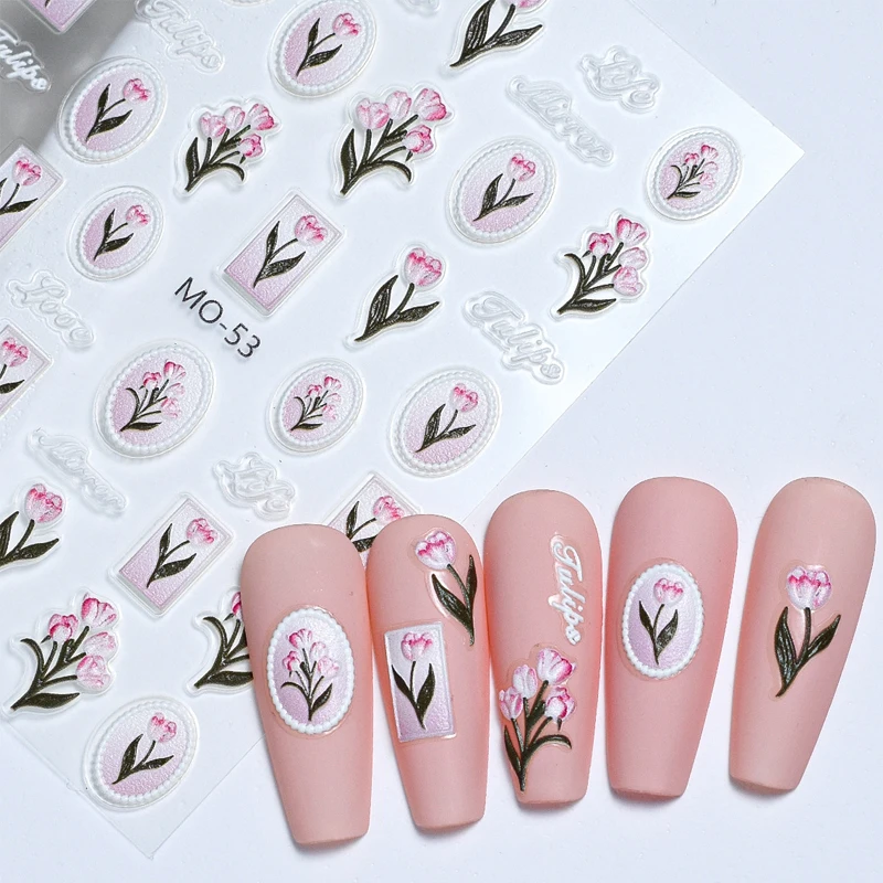 

5d Embossed Pink White Tulips Mirrors Nail Art Decals Stickers For Nails Art Manicures Tips Decorations