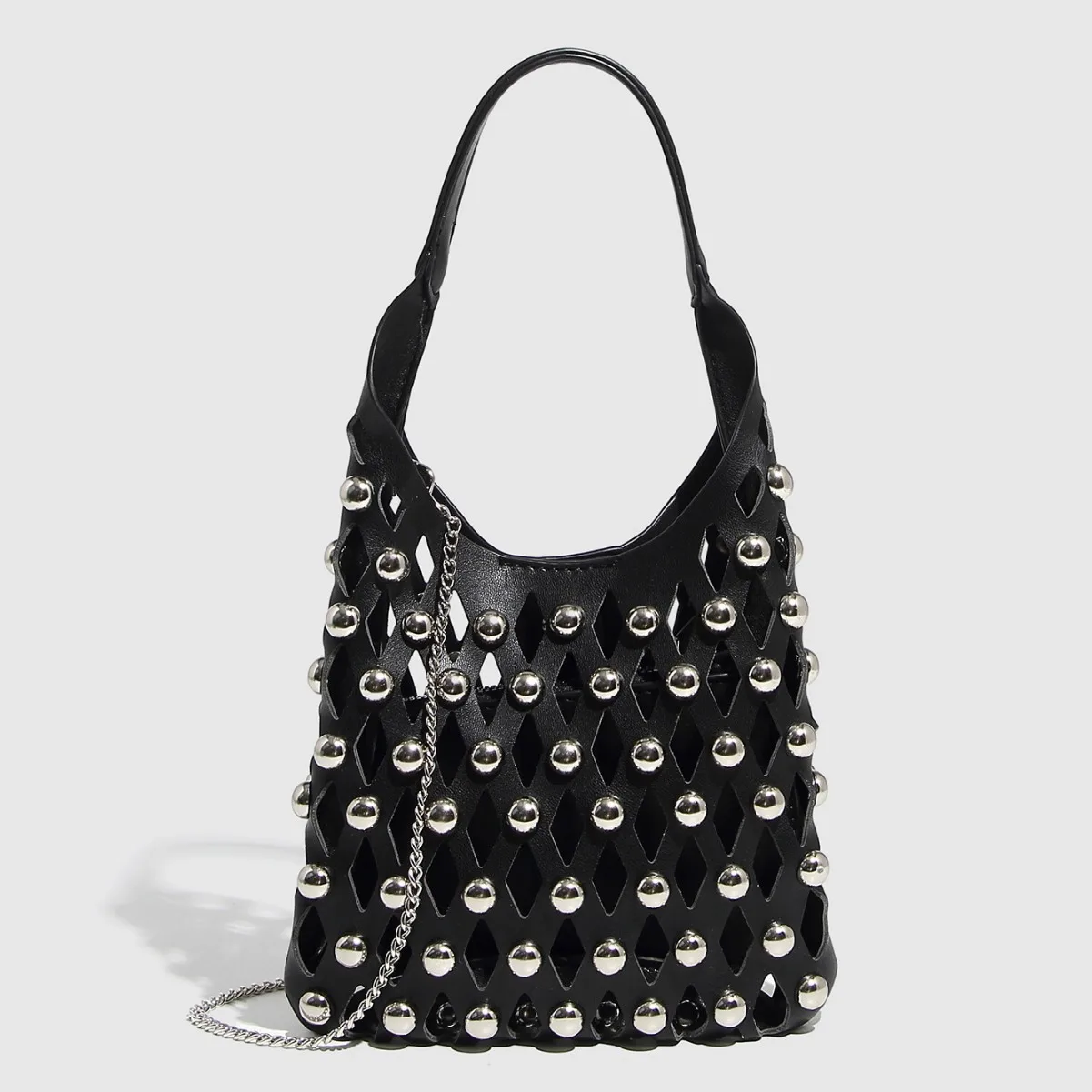 Trendy Medium Leather Hobo Bag with Metallic Studs + Small Geometric Cut-out Coin Pouch - Fashion Shoulder Bag Set