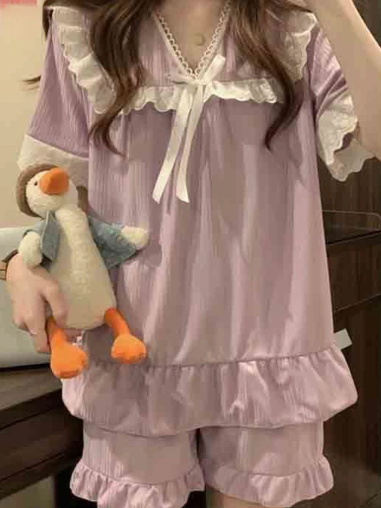 Pyjama setzt Frauen Spitze süße Schleife Prinzessin lose nach Hause 5 Farben Mode zart lässig Sommer japanischen Stil Vintage Nachtwäsche chic