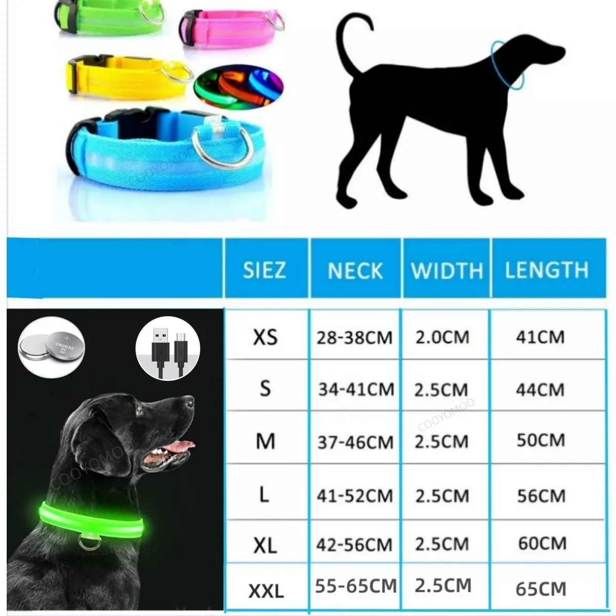 LED 개 분실 방지 목걸이, 빛나는 LED 조명, 애완 동물 목걸이, 소형 중형 대형견 목걸이, 안전 목걸이 리드