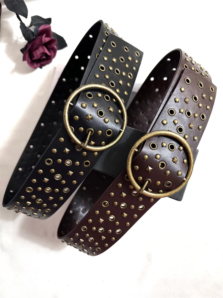 

Punk Black Coffee Rivet Studded Waist Belts for Women Wide Circular Buckle Adjustable Women Belts PU Leather Ceinture Pour Femme