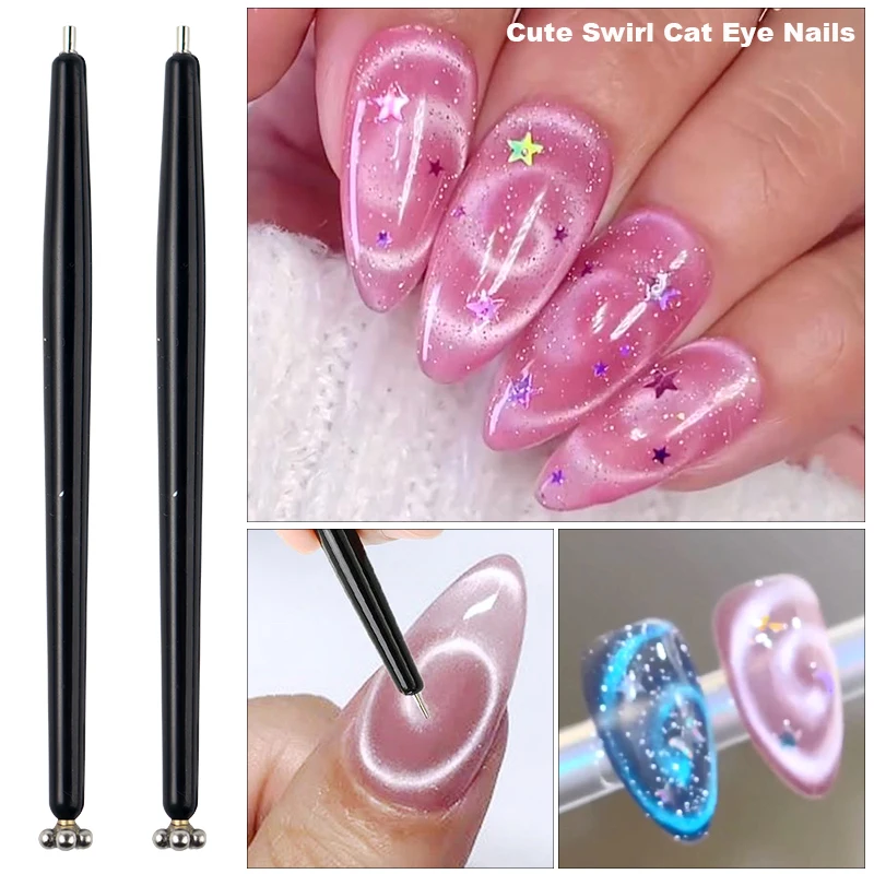 Black Cat Eye Nail Magnet Pen Magnetic Stick for Spring Flower Petal Designs Cute Swirls French Line Magnetic Nail Art Tools