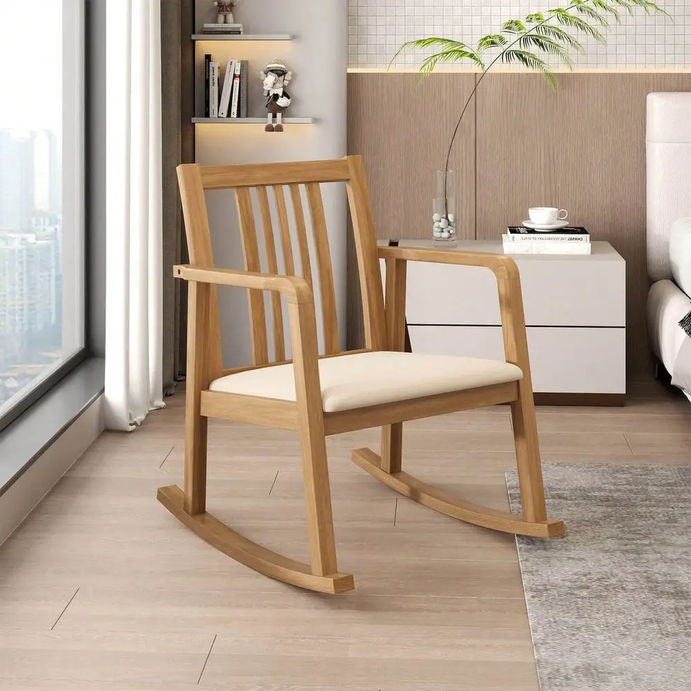 

Chair With Cushioned Seat, Slatted Back Curved Armrests For Living Room