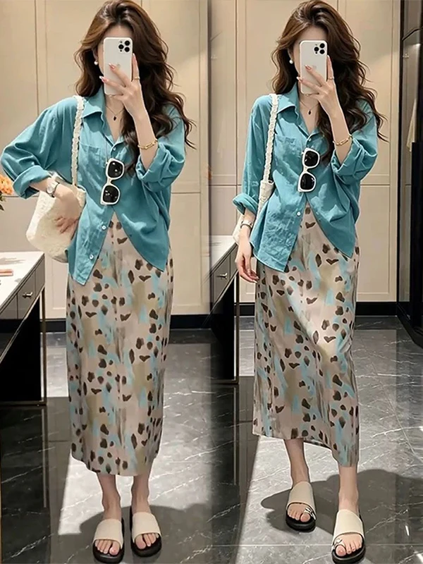 

Slimming Casual Women's Set High Waist Midi Skirt Loose Fit Summer New Korean Style Shirt And Skirt Two Piece Ensemble