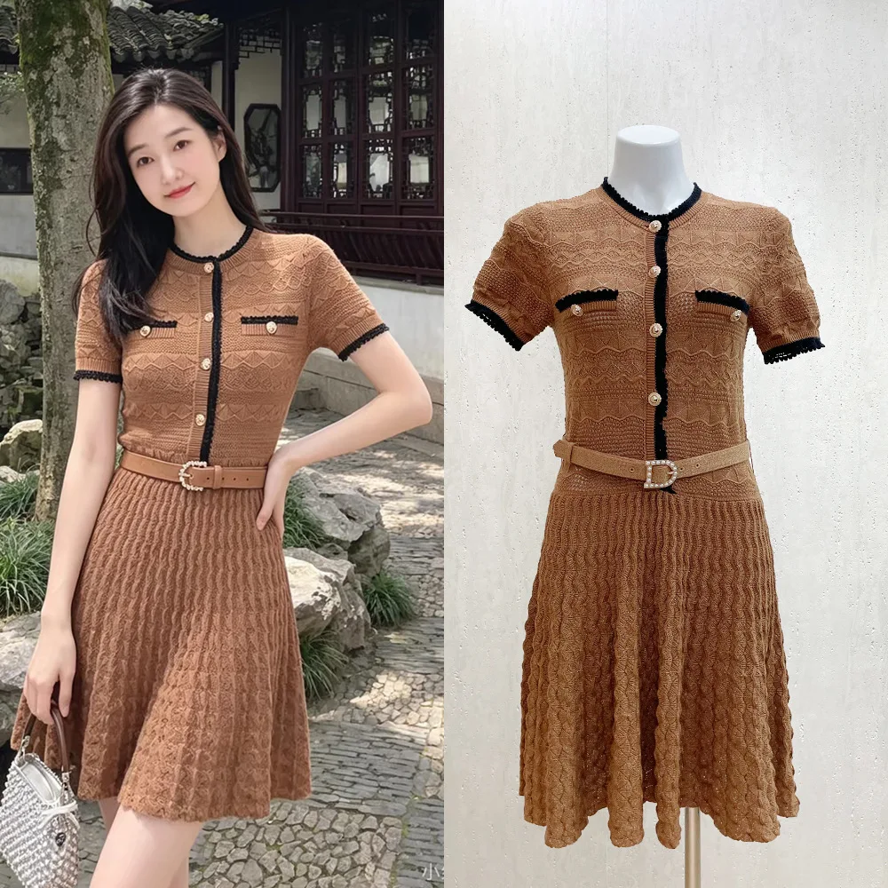 Women's color blocking design knitted dress short sleeved waist cinching elegant mini dress