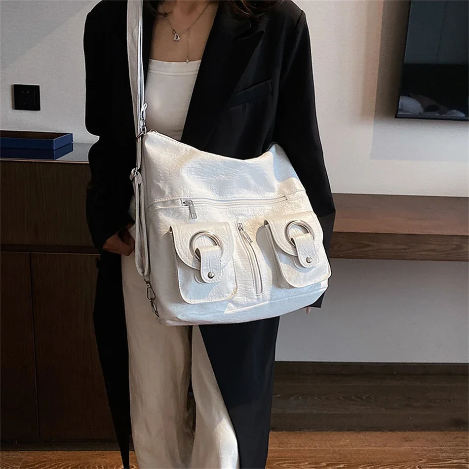 2023 Vintage Solid Color Korean Casual Shoulder Underarm Tote Bag Sling Bags Multiple Pockets Leather Purses Handbags Women Sac